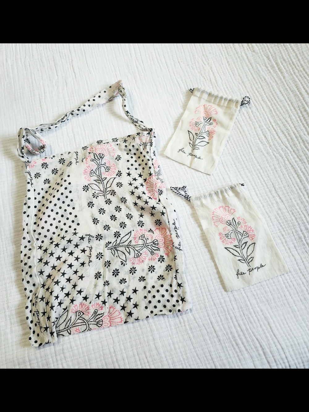 Free People Cream Tote And  Glasses Case with Black Star & Pink Floral Print